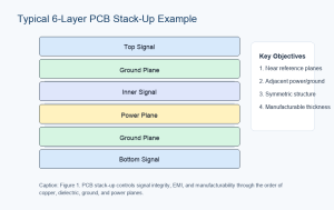 Typical six-layer PCB stack-up diagram showing the arrangement of signal layers, ground planes, power planes, and dielectric layers.