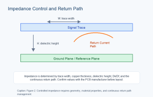 Impedance control and return path diagram showing trace width, dielectric thickness, reference ground plane, and return current.