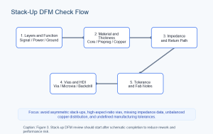 PCB stack-up DFM inspection flowchart including layer count, materials, impedance, vias, and manufacturing tolerances.