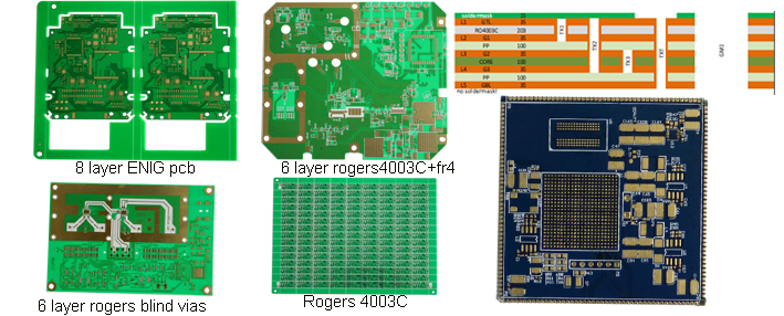 Cross-section micrograph of a multilayer RO4000 PCB showing stable plated through-holes, copper bonding, and dielectric layer structure for high-frequency circuit applications.